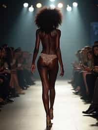 back view of woman striding confidently down a fashion runway, surrounded by flashing camera lights.