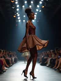 side view of woman striding confidently down a fashion runway, captured mid-twirl, surrounded by flashing camera lights.