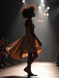 side view of woman striding confidently down a fashion runway, captured mid-twirl, surrounded by flashing camera lights.