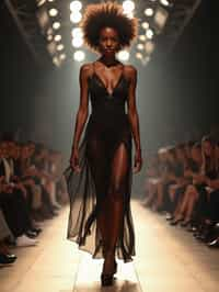 front view of woman striding confidently down a fashion runway, surrounded by flashing camera lights.