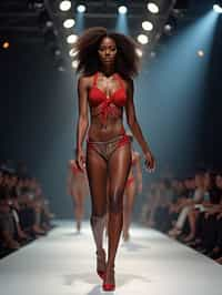 front view of woman striding confidently down a fashion runway, surrounded by flashing camera lights.