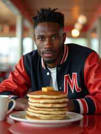 man in retro 1950s diner photo shoot. stack of pancakes and one coffee mug in front. man wearing varsity bomber