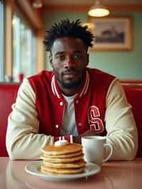 man in retro 1950s diner photo shoot. stack of pancakes and one coffee mug in front. man wearing varsity bomber