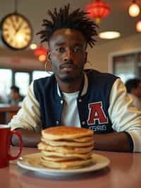 man in retro 1950s diner photo shoot. stack of pancakes and one coffee mug in front. man wearing varsity bomber