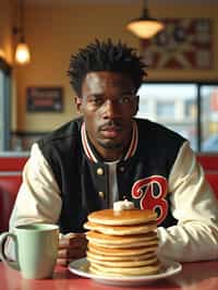 man in retro 1950s diner photo shoot. stack of pancakes and one coffee mug in front. man wearing varsity bomber