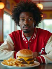 man in retro 1950s diner photo shoot. french fries and one cheeseburger on a plate in front. man wearing varsity bomber