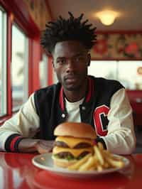 man in retro 1950s diner photo shoot. french fries and one cheeseburger on a plate in front. man wearing varsity bomber