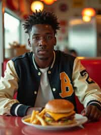 man in retro 1950s diner photo shoot. french fries and one cheeseburger on a plate in front. man wearing varsity bomber