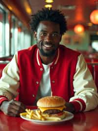 man in retro 1950s diner photo shoot. french fries and one cheeseburger on a plate in front. man wearing varsity bomber