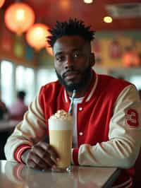 man in retro 1950s diner photo shoot. one milkshake in front. man wearing varsity bomber