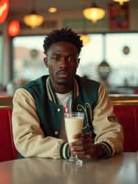 man in retro 1950s diner photo shoot. one milkshake in front. man wearing varsity bomber