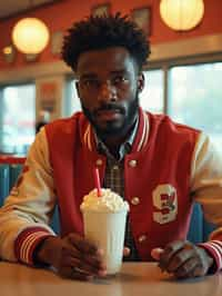 man in retro 1950s diner photo shoot. one milkshake in front. man wearing varsity bomber