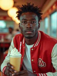 man in retro 1950s diner photo shoot. one milkshake in front. man wearing varsity bomber