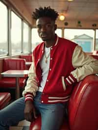 man in retro 1950s diner photo shoot. posing in front of red 1950s barstools. man wearing varsity bomber . white interior with red seats and black and white flooring.