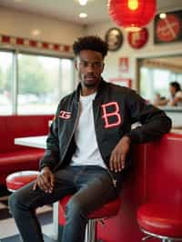 man in retro 1950s diner photo shoot. posing in front of red 1950s barstools. man wearing varsity bomber . white interior with red seats and black and white flooring.