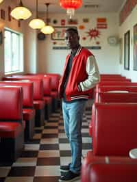 man in retro 1950s diner photo shoot. posing in front of red 1950s barstools. man wearing varsity bomber . white interior with red seats and black and white flooring.