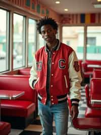 man in retro 1950s diner photo shoot. posing in front of red 1950s barstools. man wearing varsity bomber . white interior with red seats and black and white flooring.