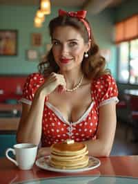 woman in retro 1950s diner photo shoot. stack of pancakes and one coffee mug in front.  woman wearing 1950s pin up dress and 1950s hair tie