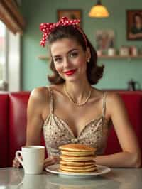 woman in retro 1950s diner photo shoot. stack of pancakes and one coffee mug in front.  woman wearing 1950s pin up dress and 1950s hair tie