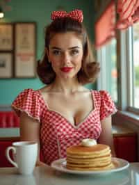 woman in retro 1950s diner photo shoot. stack of pancakes and one coffee mug in front.  woman wearing 1950s pin up dress and 1950s hair tie