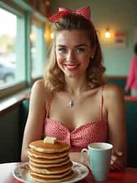 woman in retro 1950s diner photo shoot. stack of pancakes and one coffee mug in front.  woman wearing 1950s pin up dress and 1950s hair tie