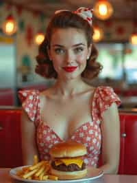 woman in retro 1950s diner photo shoot. french fries and one cheeseburger on a plate in front.  woman wearing 1950s pin up dress and 1950s hair tie