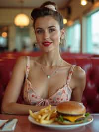 woman in retro 1950s diner photo shoot. french fries and one cheeseburger on a plate in front.  woman wearing 1950s pin up dress and 1950s hair tie