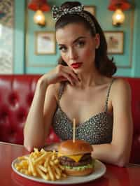 woman in retro 1950s diner photo shoot. french fries and one cheeseburger on a plate in front.  woman wearing 1950s pin up dress and 1950s hair tie