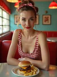 woman in retro 1950s diner photo shoot. french fries and one cheeseburger on a plate in front.  woman wearing 1950s pin up dress and 1950s hair tie