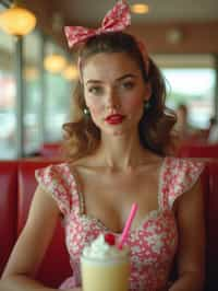 woman in retro 1950s diner photo shoot. one milkshake in front.  woman wearing 1950s pin up dress and 1950s hair tie