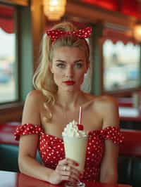 woman in retro 1950s diner photo shoot. one milkshake in front.  woman wearing 1950s pin up dress and 1950s hair tie