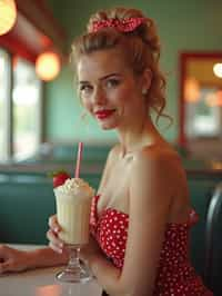 woman in retro 1950s diner photo shoot. one milkshake in front.  woman wearing 1950s pin up dress and 1950s hair tie