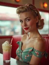 woman in retro 1950s diner photo shoot. one milkshake in front.  woman wearing 1950s pin up dress and 1950s hair tie