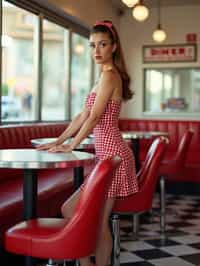 woman in retro 1950s diner photo shoot. posing in front of red 1950s barstools.  woman wearing 1950s pin up dress and 1950s red hair tie. white interior with red seats and black and white flooring.