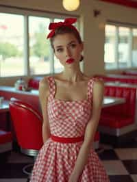 woman in retro 1950s diner photo shoot. posing in front of red 1950s barstools.  woman wearing 1950s pin up dress and 1950s red hair tie. white interior with red seats and black and white flooring.