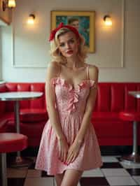 woman in retro 1950s diner photo shoot. posing in front of red 1950s barstools.  woman wearing 1950s pin up dress and 1950s red hair tie. white interior with red seats and black and white flooring.