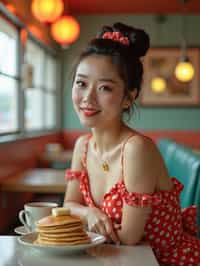 woman in retro 1950s diner photo shoot. stack of pancakes and one coffee mug in front.  woman wearing 1950s pin up dress and 1950s hair tie