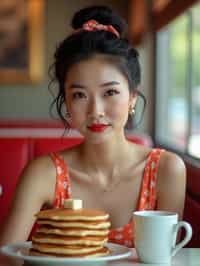 woman in retro 1950s diner photo shoot. stack of pancakes and one coffee mug in front.  woman wearing 1950s pin up dress and 1950s hair tie