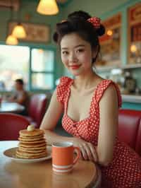 woman in retro 1950s diner photo shoot. stack of pancakes and one coffee mug in front.  woman wearing 1950s pin up dress and 1950s hair tie