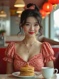 woman in retro 1950s diner photo shoot. stack of pancakes and one coffee mug in front.  woman wearing 1950s pin up dress and 1950s hair tie