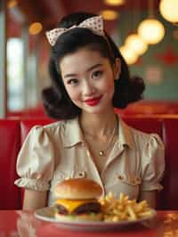 woman in retro 1950s diner photo shoot. french fries and one cheeseburger on a plate in front.  woman wearing 1950s pin up dress and 1950s hair tie