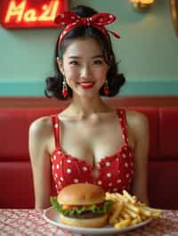 woman in retro 1950s diner photo shoot. french fries and one cheeseburger on a plate in front.  woman wearing 1950s pin up dress and 1950s hair tie