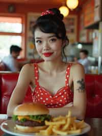 woman in retro 1950s diner photo shoot. french fries and one cheeseburger on a plate in front.  woman wearing 1950s pin up dress and 1950s hair tie