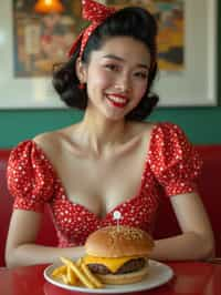 woman in retro 1950s diner photo shoot. french fries and one cheeseburger on a plate in front.  woman wearing 1950s pin up dress and 1950s hair tie