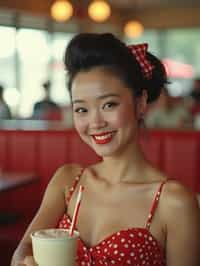 woman in retro 1950s diner photo shoot. one milkshake in front.  woman wearing 1950s pin up dress and 1950s hair tie