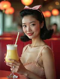 woman in retro 1950s diner photo shoot. one milkshake in front.  woman wearing 1950s pin up dress and 1950s hair tie