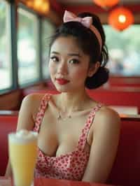 woman in retro 1950s diner photo shoot. one milkshake in front.  woman wearing 1950s pin up dress and 1950s hair tie