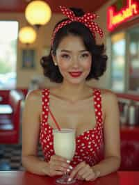 woman in retro 1950s diner photo shoot. one milkshake in front.  woman wearing 1950s pin up dress and 1950s hair tie