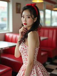 woman in retro 1950s diner photo shoot. posing in front of red 1950s barstools.  woman wearing 1950s pin up dress and 1950s red hair tie. white interior with red seats and black and white flooring.