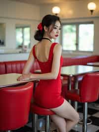 woman in retro 1950s diner photo shoot. posing in front of red 1950s barstools.  woman wearing 1950s pin up dress and 1950s red hair tie. white interior with red seats and black and white flooring.